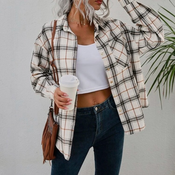 SHEIN Tops - SHEIN Cream Plaid Button-Up Flannel - EVERYTHING MUST GO